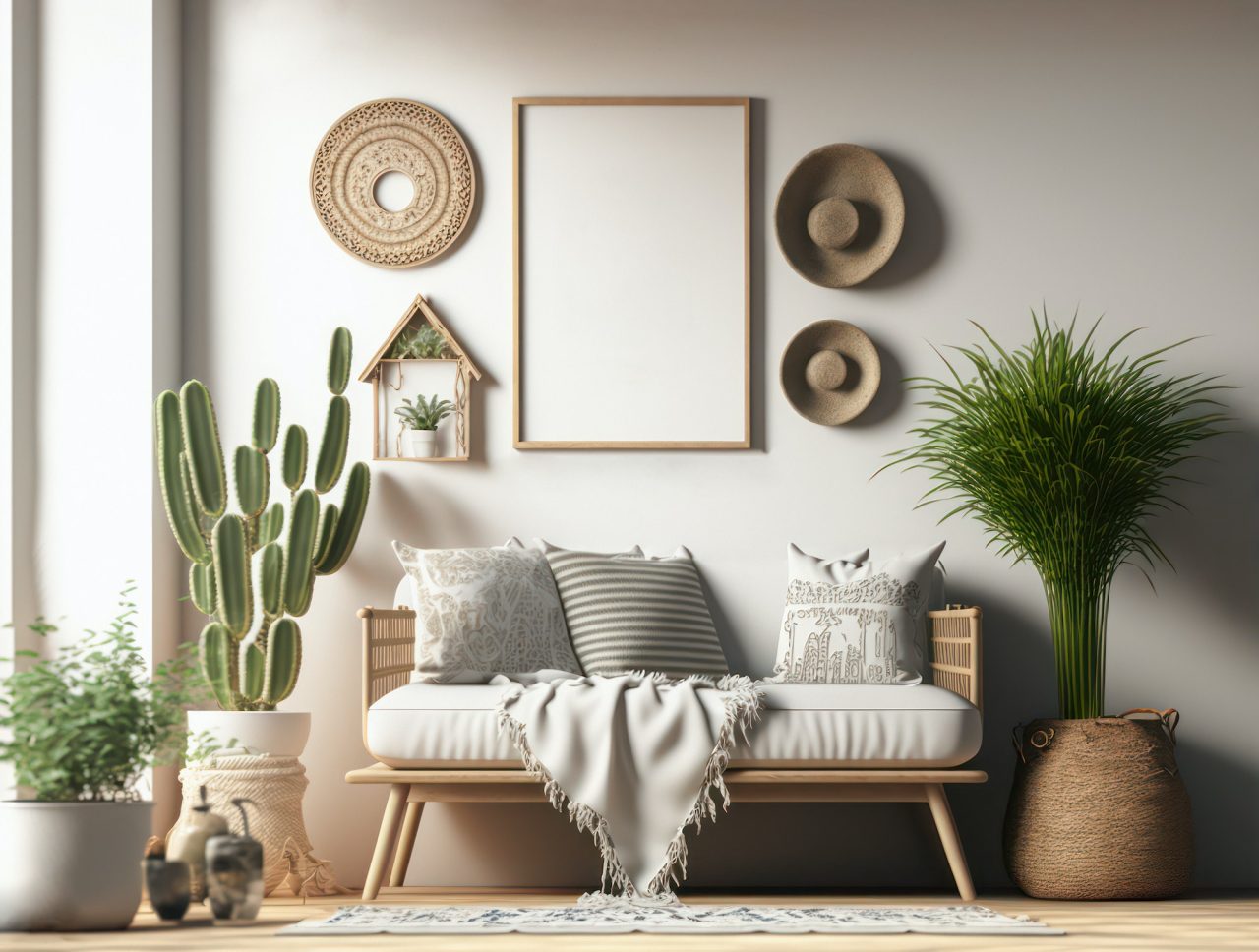 Boho frame mockup. Wall art mockup in Boho style Interior
